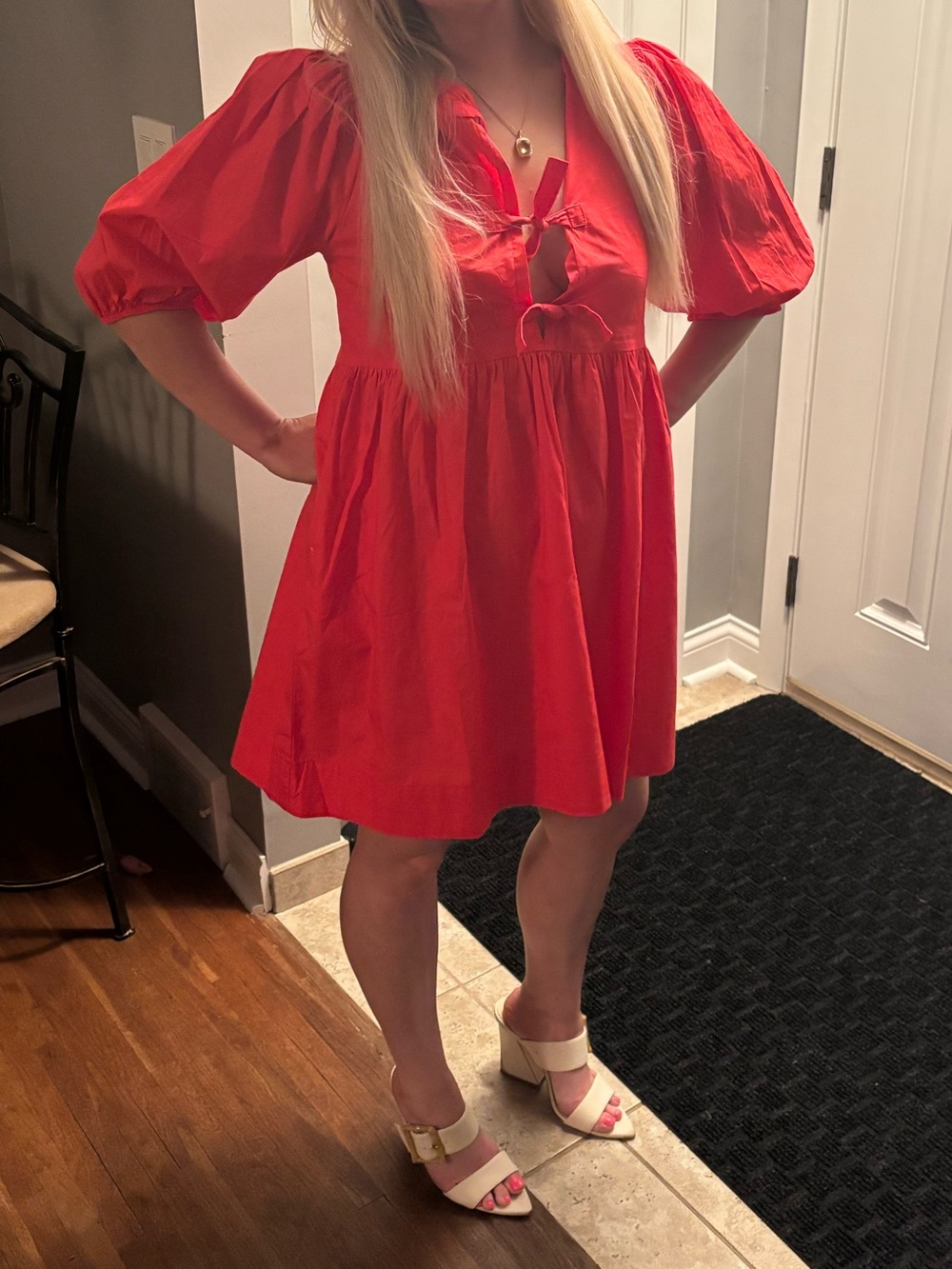 Red Tie-Front Puff Sleeve Tunic